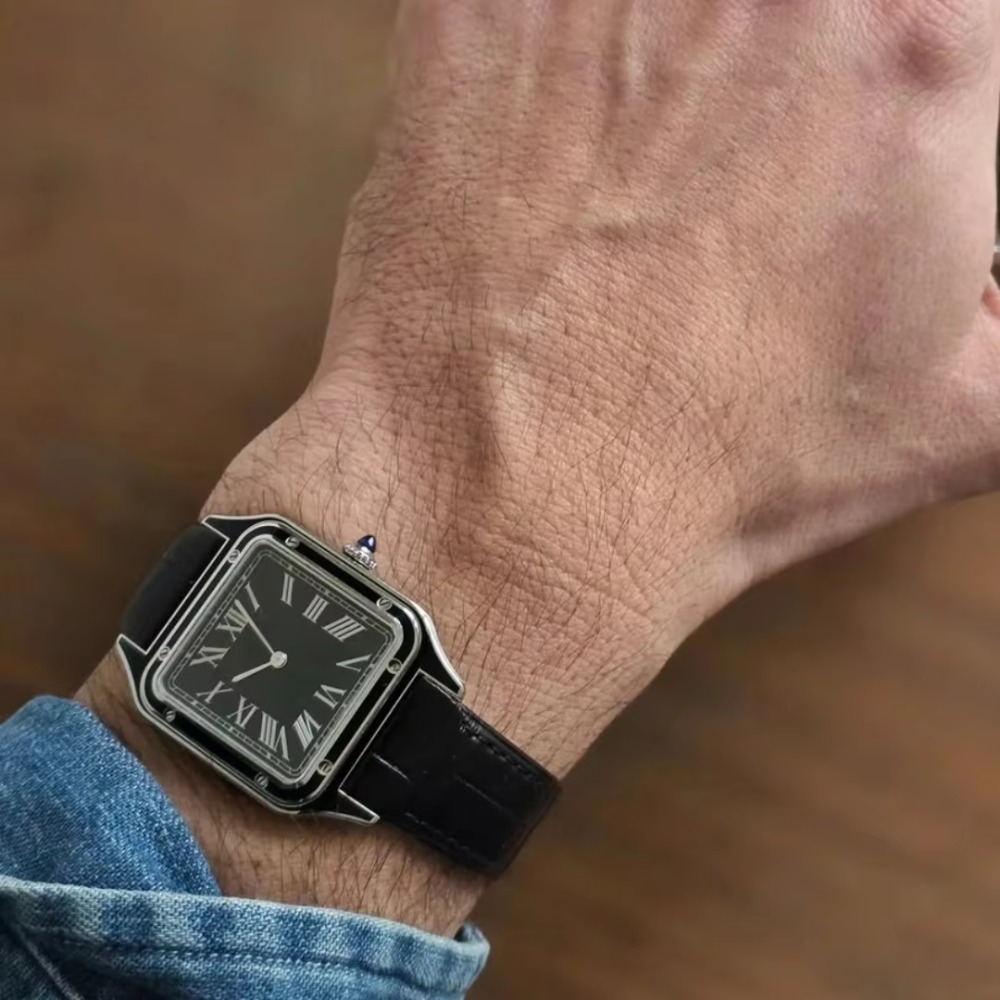 Cartier Watch Santos - สายนาฬิกาหนังวัวลายจระเข้ ขนาด 15.5 มม. 17.5 มม.