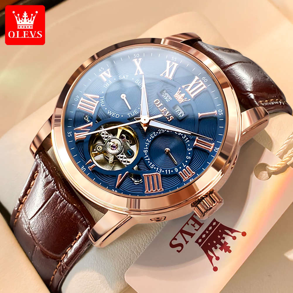 Seiko Watch Presage - OLEVS 6668 นาฬิกาแบรนด์ชั้นนําผู้ชายแนวโน้มแฟชั่นนาฬิกาข้อมือกลไกอัตโนมัติสายหนังกันน้ํานาฬิกาส่องสว่างสําหรับ Man